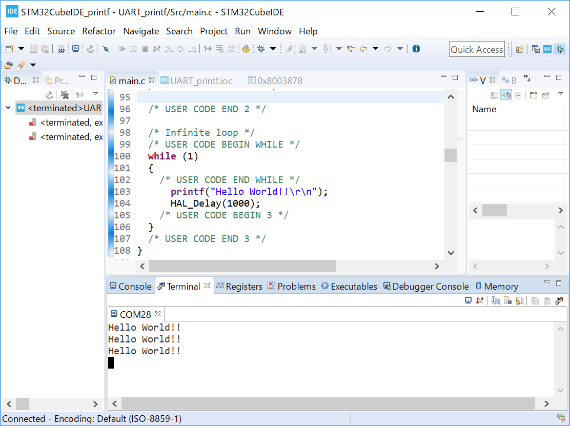 نمایش printf روی consol serial 